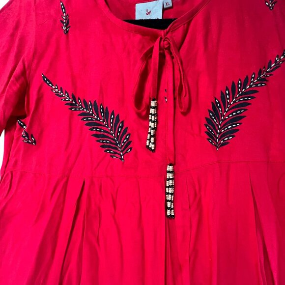 Zola Orange Red Boho Tunic Top Dress Leaf Print Embroidery Accents Beaded Tie - Picture 3 of 11